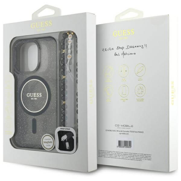 Guess iPhone 16 Pro Max - IML Glitter With Pearl Strap - MagSafe Σκληρή Θήκη με Πλαίσιο Σιλικόνης και Λουράκι - Black - GUHMP16XHGCRELSK