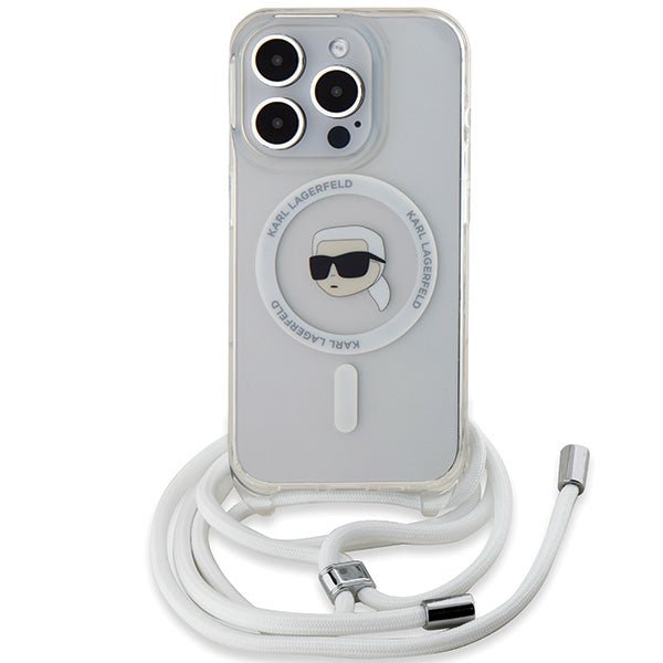 Karl Lagerfeld iPhone 15 Pro Max - Crossbody IML Karl Head - MagSafe Σκληρή Θήκη με Πλαίσιο Σιλικόνης και Λουράκι - Διάφανη - KLHMP15LHCKHNT
