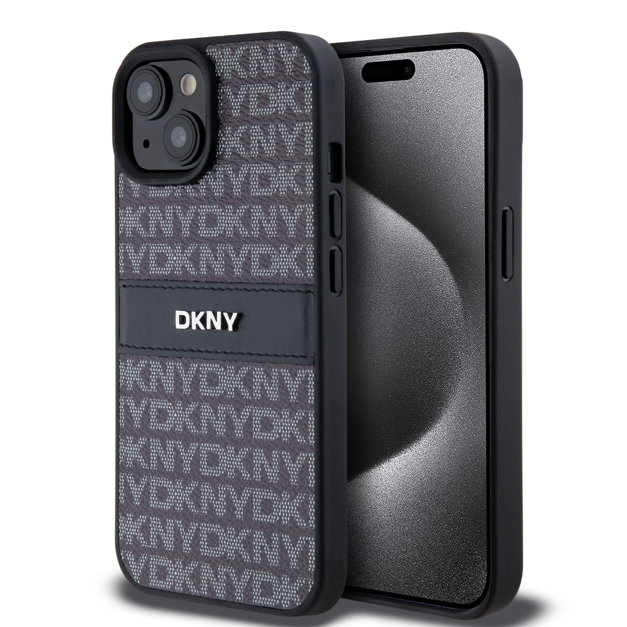 DKNY iPhone 15 / 14 / 13 - Leather Mono Stripe and Metal Logo Σκληρή Θήκη με Επένδυση Συνθετικού Δέρματος - Black
