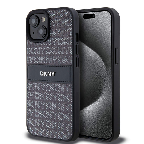 DKNY iPhone 15 / 14 / 13 - Leather Mono Stripe and Metal Logo Σκληρή Θήκη με Επένδυση Συνθετικού Δέρματος - Black