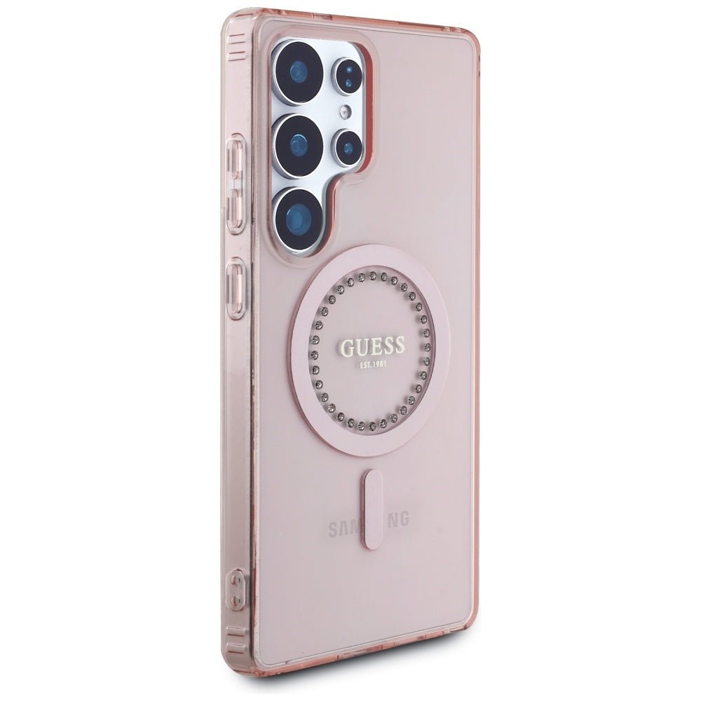 Guess Samsung Galaxy S25 Ultra - Rhinestones Printed Classic Logo - MagSafe Σκληρή Θήκη με Πλαίσιο Σιλικόνης - Pink - GUHMS25LPFTDTEP