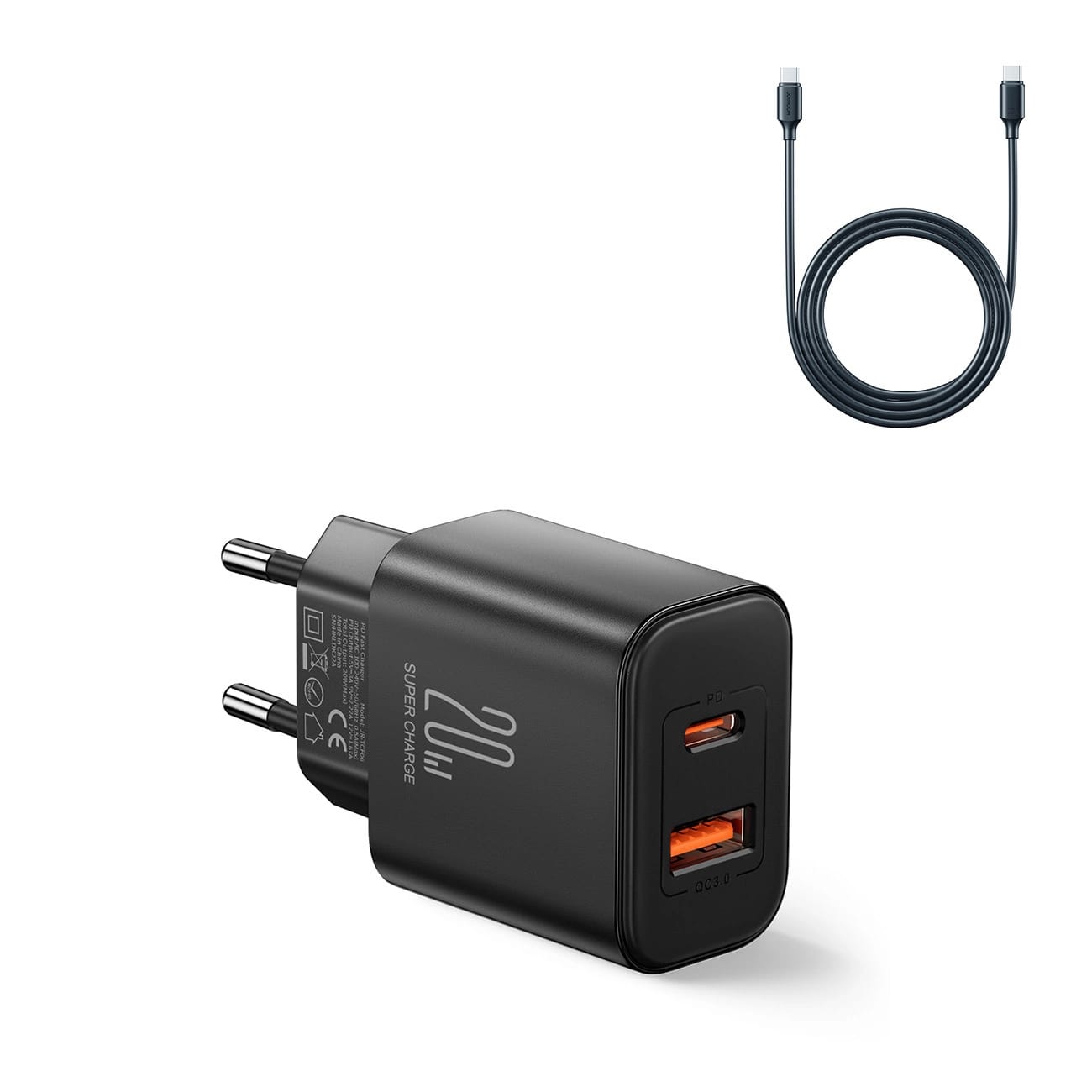 Joyroom PD 20W Οικιακός Φορτιστής Γρήγορης Φόρτισης με Θύρα USB και Θύρα Type - C και Καλώδιο Type - C to Type - C - Black - JR - TCF05