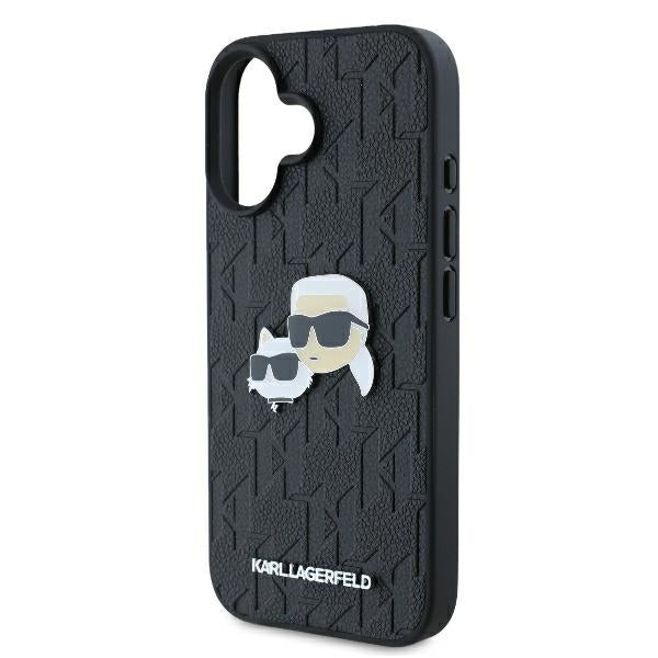 Karl Lagerfeld iPhone 16 Plus - Monogram Karl and Choupette Head Pin Σκληρή Θήκη με Επένδυση Συνθετικού Δέρματος - Black - KLHCP16MPGKLKCPK