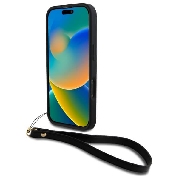 DKNY iPhone 16 Pro Max - Wrist Strap Stock Logo - Σκληρή Θήκη με Επένδυση Συνθετικού Δέρματος με Λουράκι - Black