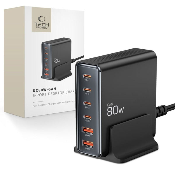 Tech - Protect DC80W - GAN Σταθμός Φόρτισης με 2 Θύρες USB και 4 Θύρες Type - C - PD80W/QC3.0 - Black