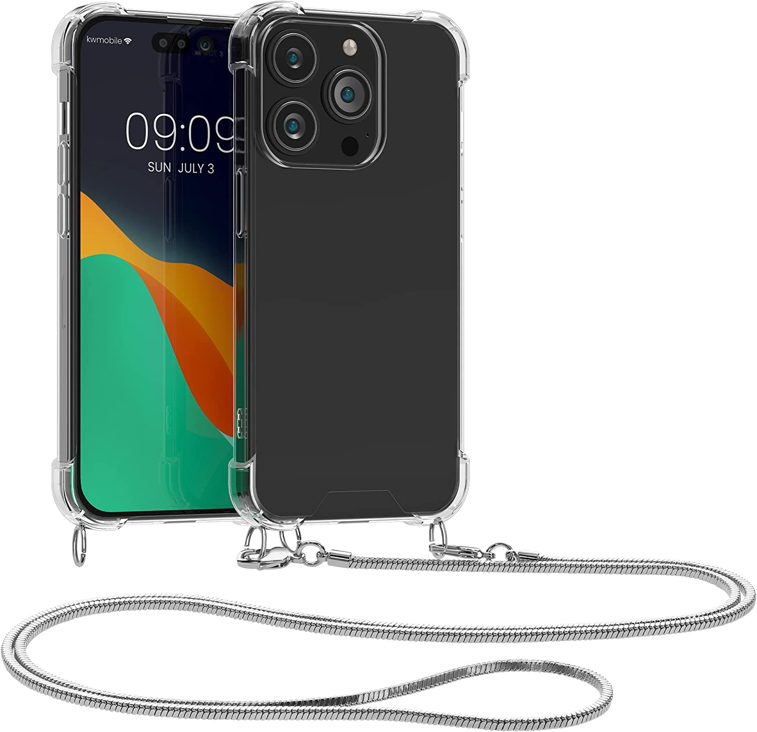 KW iPhone 14 Pro Θήκη Σιλικόνης TPU με Μεταλλικό Λουράκι - Διάφανη / Silver - 59104.35