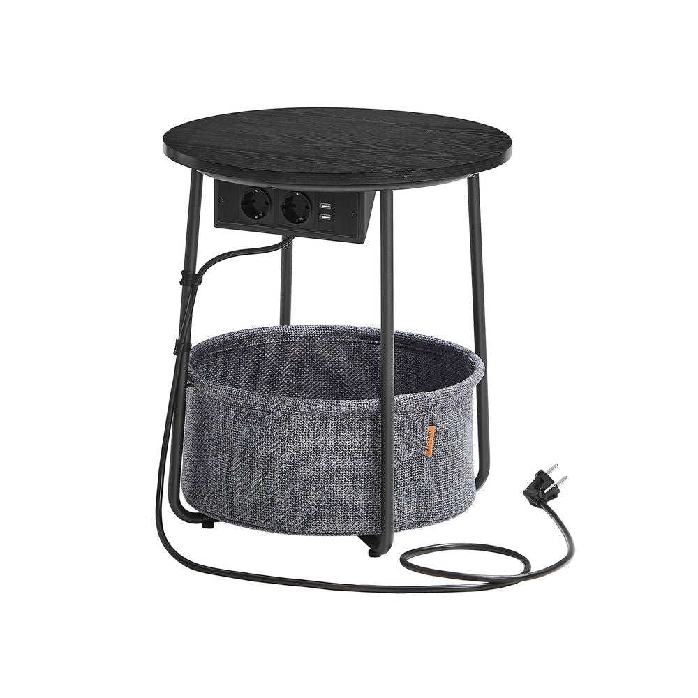 Vasagle Στρόγγυλο Βοηθητικό Τραπέζι με Υφασμάτινο Καλάθι Αποθήκευσης και Ενσωματωμένο Πολύπριζο - Ebony Black / Slate Gray - LET228B02