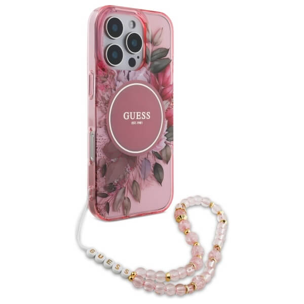 Guess iPhone 16 Pro - IML Flowers With Pearl Strap MagSafe - Σκληρή Θήκη με Πλαίσιο Σιλικόνης και Λουράκι - Pink - GUHMP16LHFWBRCESP