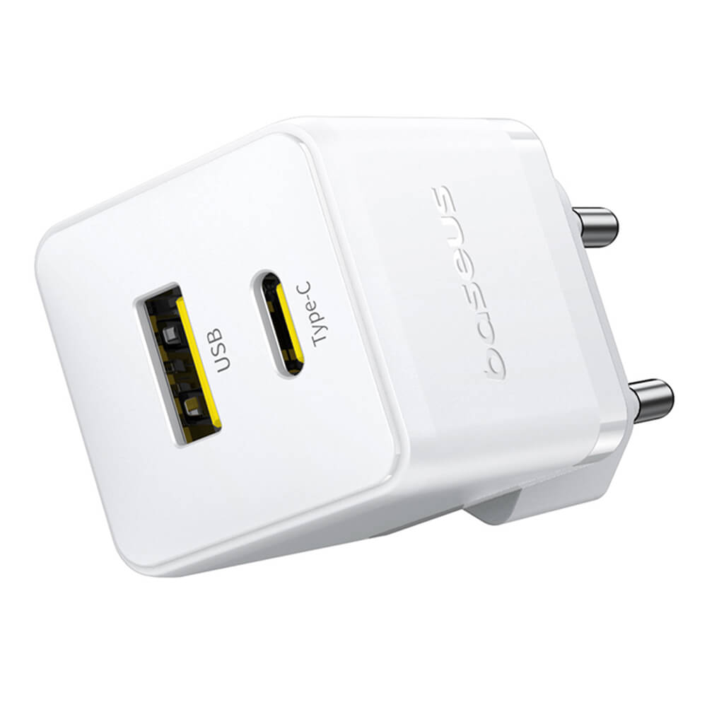 Baseus Palm Οικιακός Φορτιστής Γρήγορης Φόρτισης 30W με 1 Θύρα Type - C και 1 Θύρα USB και Καλώδιο Type - C to Type - C - Moon White