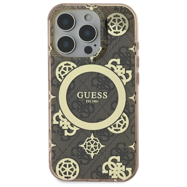 Guess iPhone 16 Pro - IML Peony On 4G Background MagSafe - Θήκη με Επένδυση Συνθετικού Δέρματος - Brown - GUHMP16LH4PYEEW