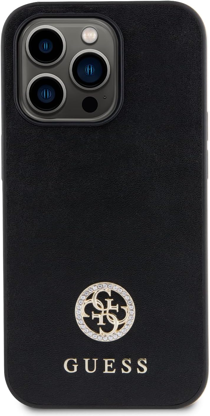Guess iPhone 15 Pro 4G Strass Metal Logo Θήκη με Επένδυση Συνθετικού Δέρματος - Black - GUHCP15LPS4DGPK