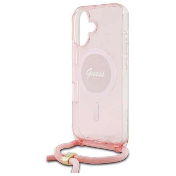 Guess iPhone 16 - Crossbody Cord Script MagSafe - Σκληρή Θήκη με Πλαίσιο Σιλικόνης και Λουράκι - Pink - GUHMP16SHCTSGNSP