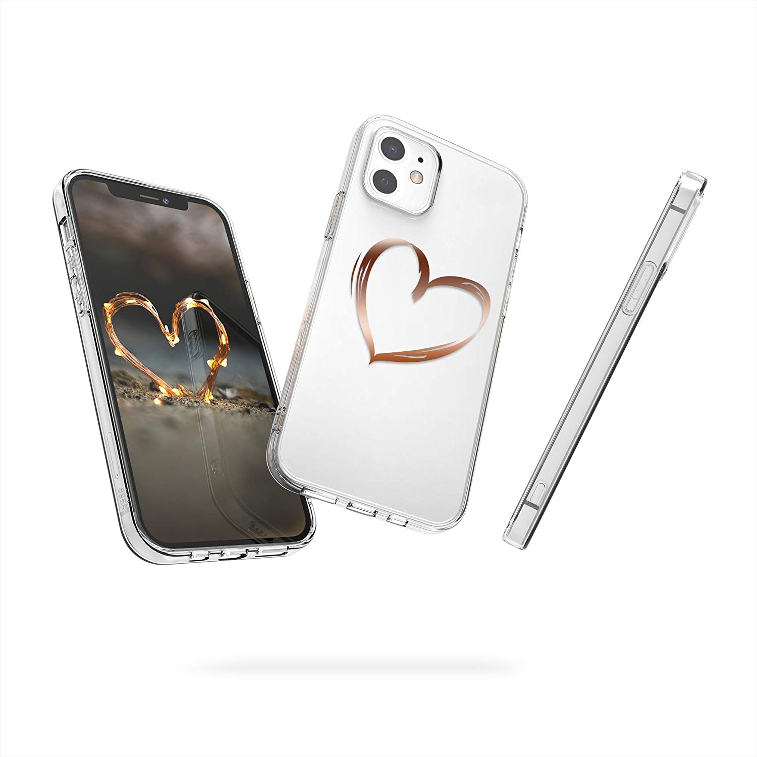 KW iPhone 12 / iPhone 12 Pro Θήκη Σιλικόνης TPU Design Brushed Heart - Διάφανη / Rose Gold - 53035.08