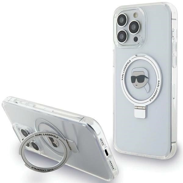 Karl Lagerfeld iPhone 15 Pro Max Ring Stand Karl Head MagSafe Σκληρή Θήκη με Πλαίσιο Σιλικόνης και MagSafe - Διάφανη / Silver - KLHMP15XHMRSKHH