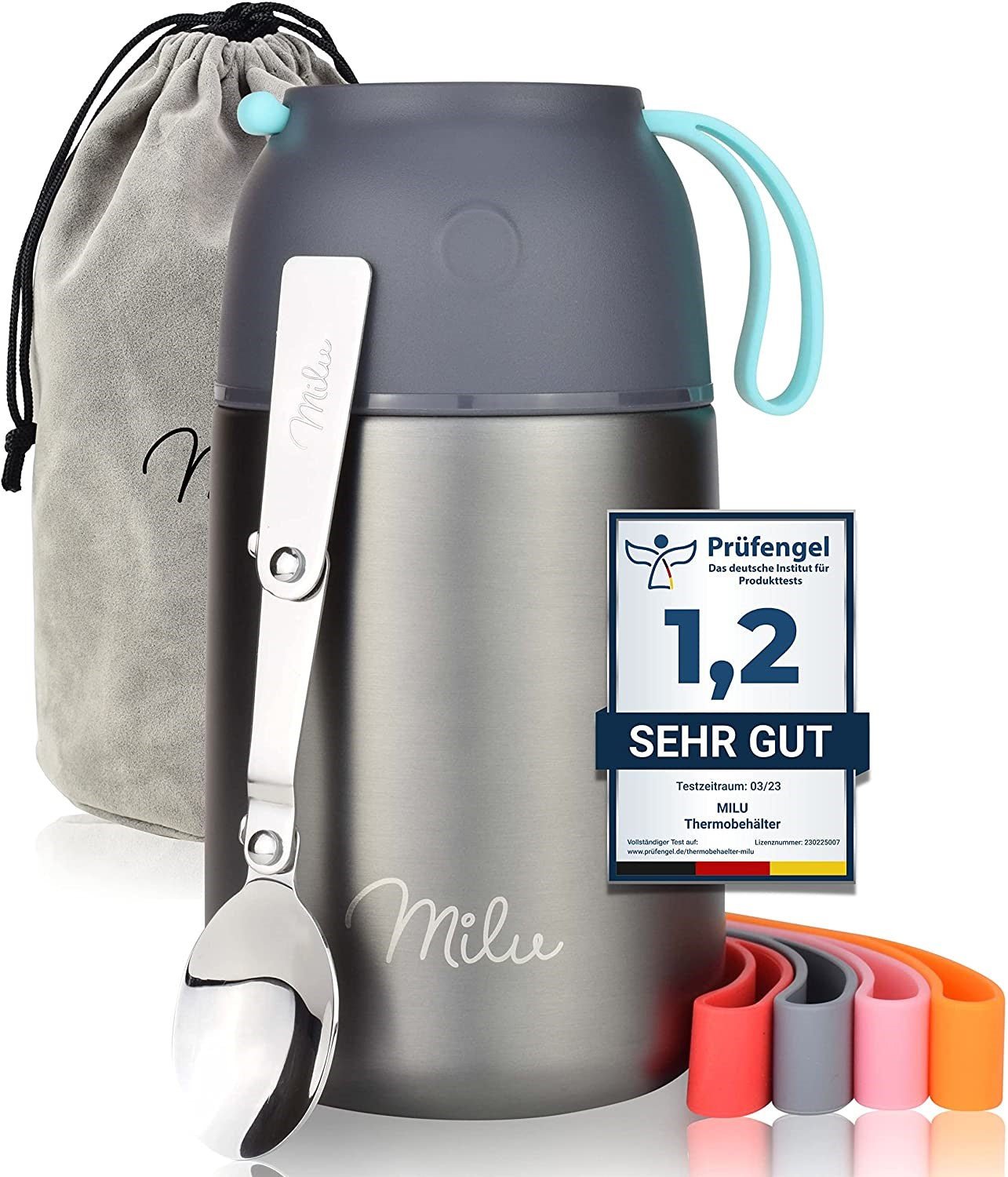 Milu Θερμός Φαγητού από Ανοξείδωτο Ατσάλι με Καπάκι - Μπολ και Κουτάλι - 650ml - Grey - 6284