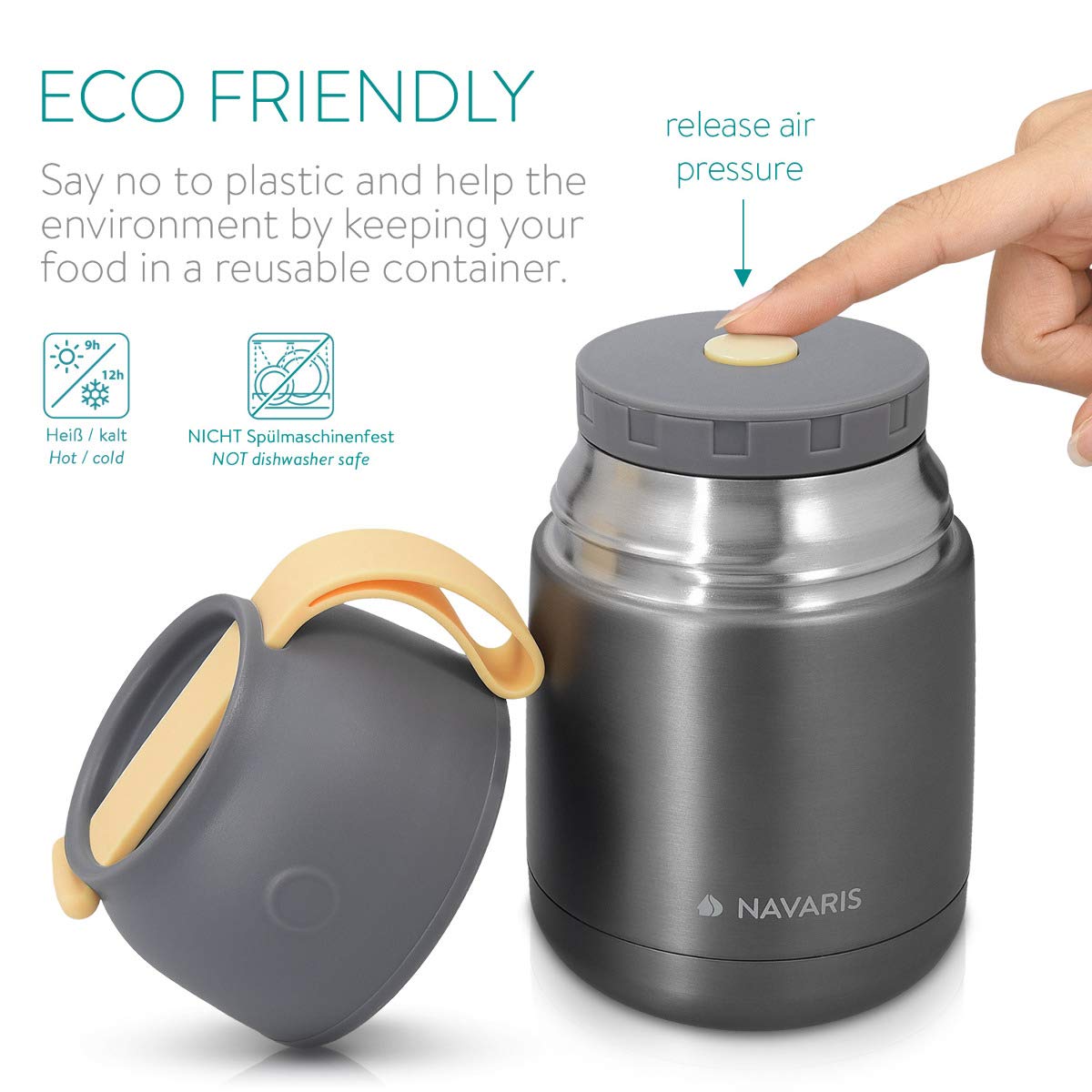Navaris Vacuum Insulated Food Jar Θερμός από Ανοξείδωτο Ατσάλι με Καπάκι - Δοχείο Για Φαγητό - 450ml - Dark Gray - 47325.1.19