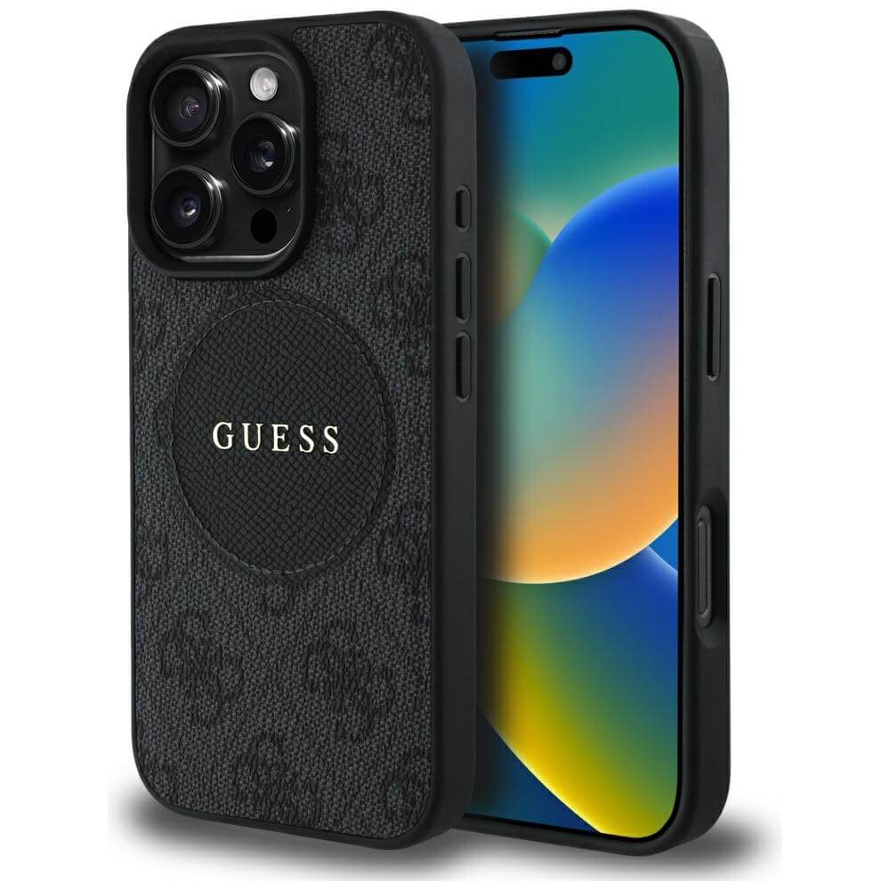 Guess iPhone 16 Pro - 4G Circle Classic Logo - MagSafe Θήκη με Επένδυση Συνθετικού Δέρματος - Black - GUHMP16LP4PGRSGK