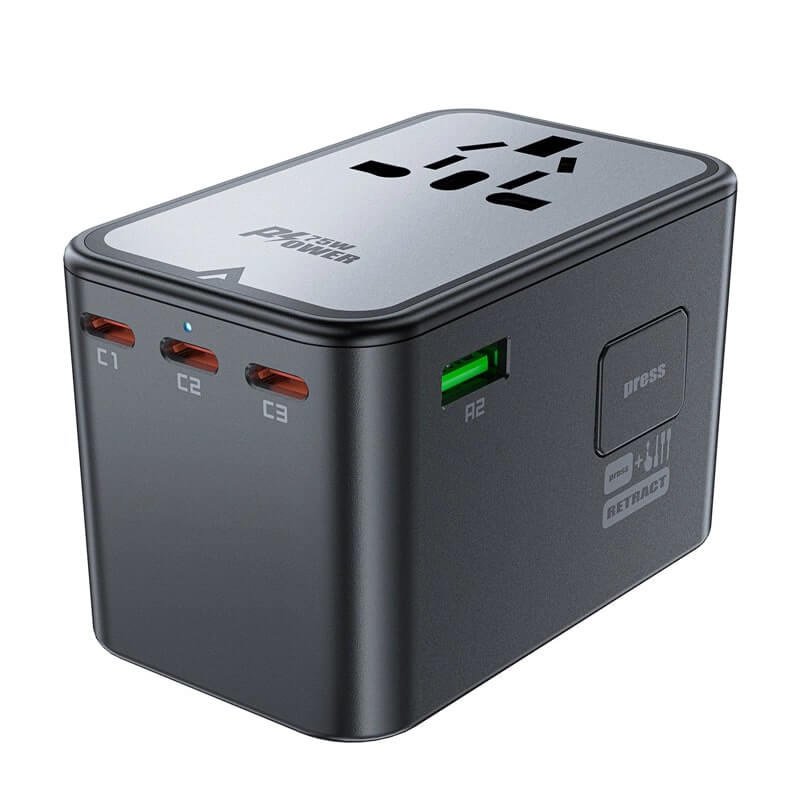 Acefast Z1 GaN 75W PD Φορτιστής Ταξιδίου με Ενσωματωμένα Βύσματα EU / UK / US / AUS με 3 Θύρες Type - C και 2 Θύρες USB - Black