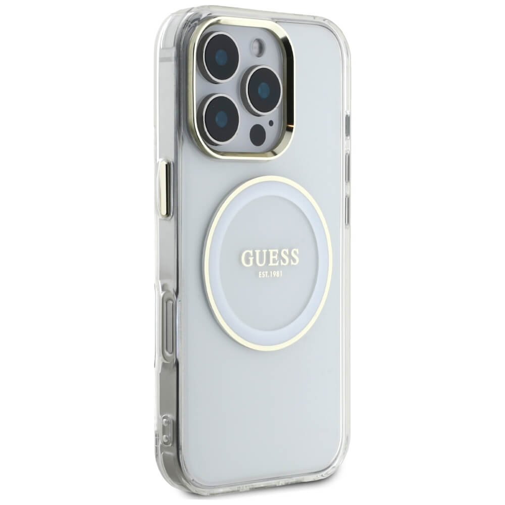Guess iPhone 16 Pro IML Metal Colored Circle Classic Logo MagSafe Σκληρή Θήκη με Πλαίσιο Σιλικόνης και MagSafe - White - GUHMP16LHTDRCEDH