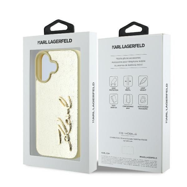 Karl Lagerfeld iPhone 16 - Metal Signature - Σκληρή Θήκη με Πλαίσιο Σιλικόνης και Επένδυση Συνθετικού Δέρματος - Gold - KLHCP16SPFMFBKMD