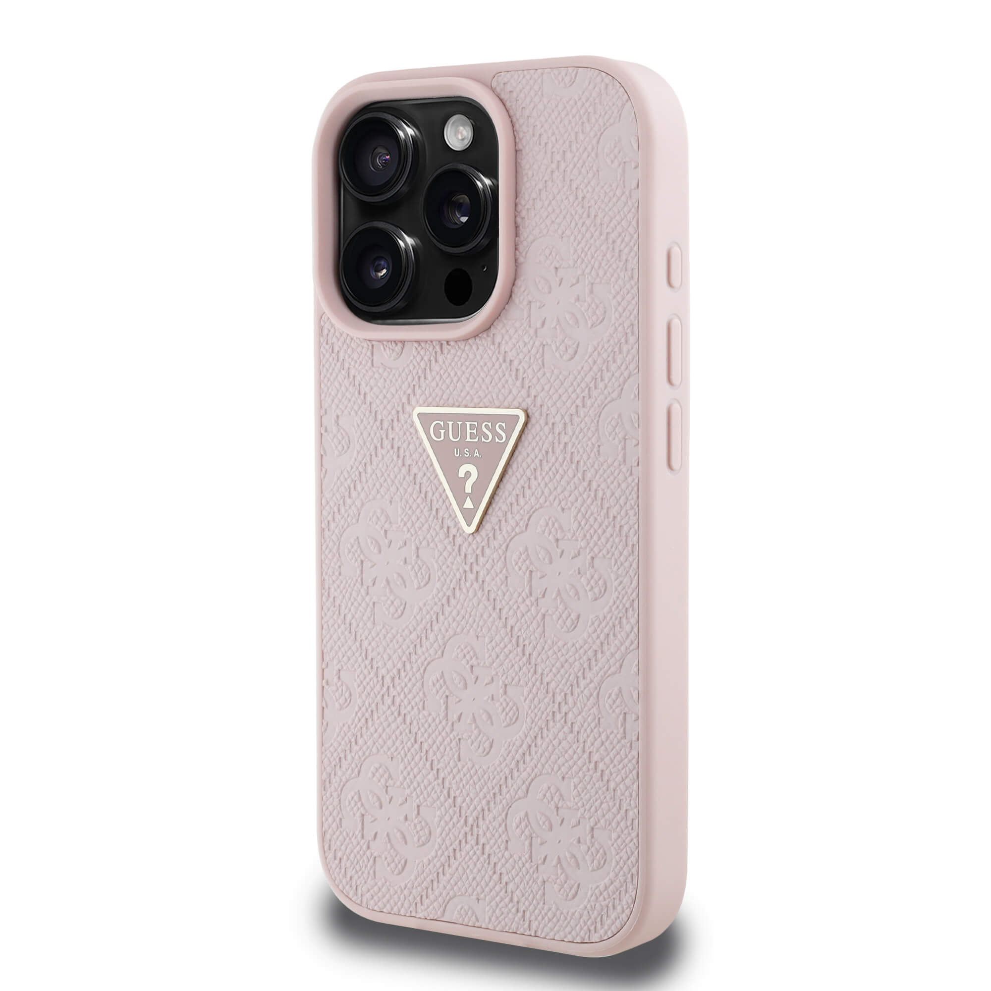 Guess iPhone 16 Pro Max - Hot Stamp 4G Pattern Triangle Metal Logo - Σκληρή Θήκη με Επένδυση Συνθετικού Δέρματος και Πλαίσιο Σιλικόνης - Pink - GUHCP16XPGP4STRP