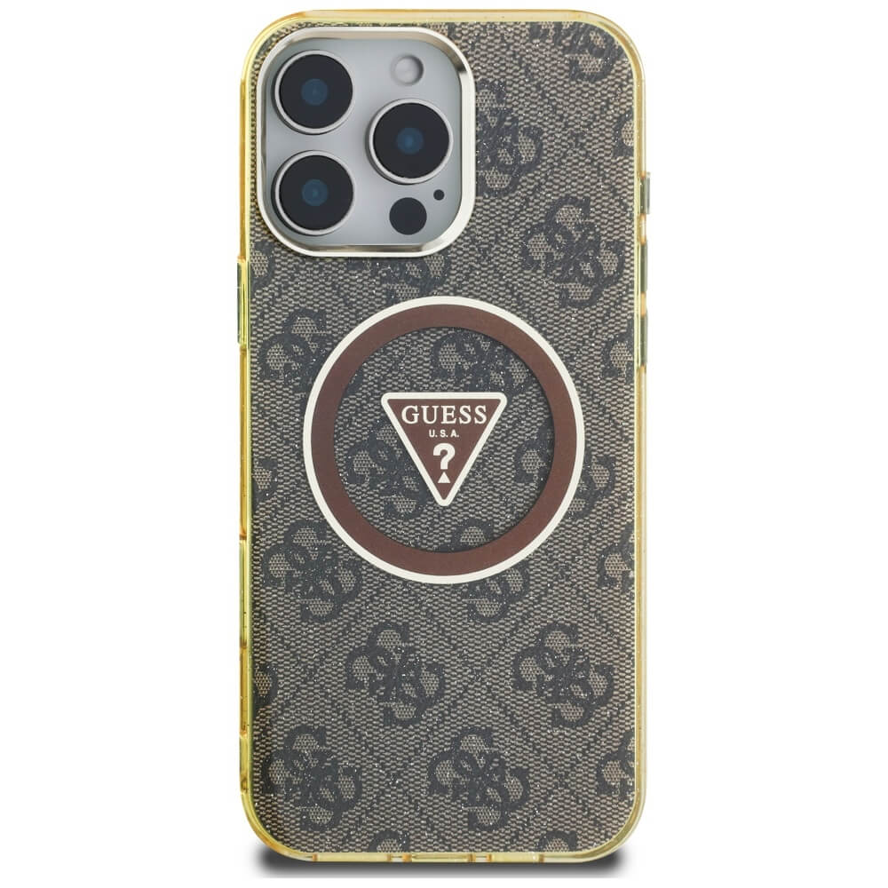 Guess iPhone 16 Pro Max - IML Metal Glitter 4G Circle Triangle MagSafe - Σκληρή Θήκη με Πλαίσιο Σιλικόνης και MagSafe - Brown - GUHMP16XHG4PRTGW