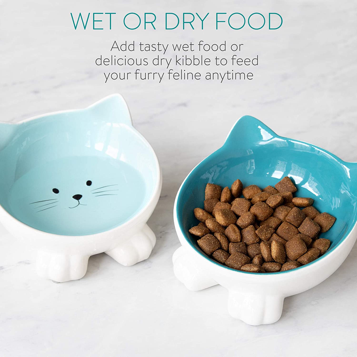 Navaris Cat Bowls with Ears Set of 2 - Σετ με 2 Μπολ Φαγητού και Νερού 130ml σε Σχήμα Γάτας - Blue / Light Blue - 50736.04