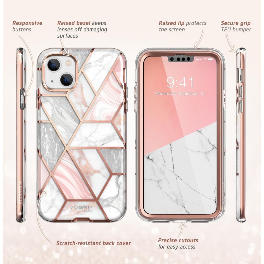 i - Blason iPhone 13 / iPhone 14 Cosmo Σκληρή Θήκη με Πλαίσιο Σιλικόνης και Προστασία Οθόνης - Marble Pink