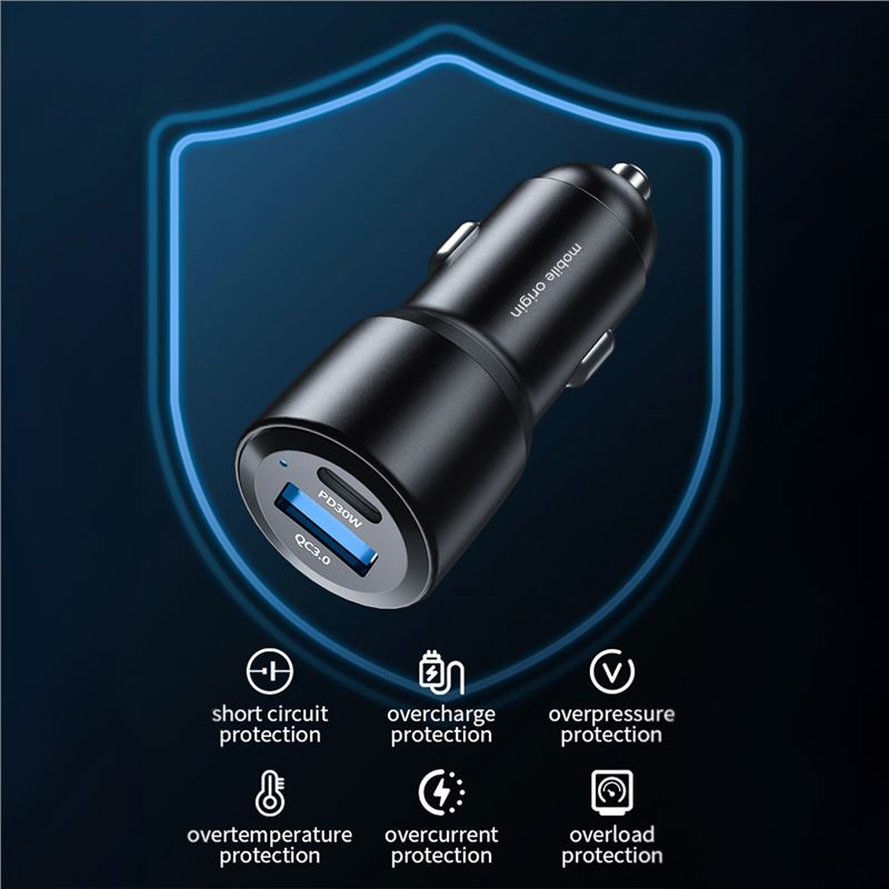 Mobile Origin Φορτιστής Αυτοκινήτου Γρήγορης Φόρτισης 60W με 1 Θύρα Type - C και 1 Θύρα USB - Black