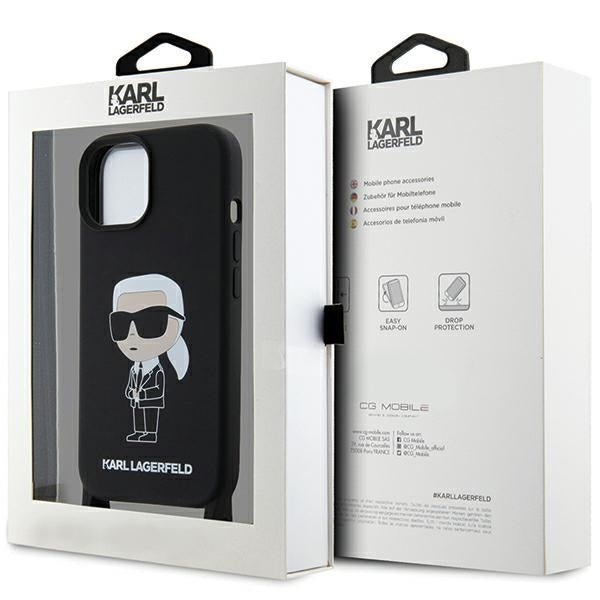 Karl Lagerfeld iPhone 15 Crossbody Silicone Ikonik Σκληρή Θήκη με Πλαίσιο Σιλικόνης και Λουράκι - Black - KLHCP15SSCBSKNK