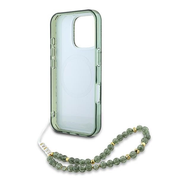 Guess iPhone 16 Pro - IML Flowers Allover Electro With Pearl Strap MagSafe - Σκληρή Θήκη με Πλαίσιο Σιλικόνης και Λουράκι - White / Green - GUHMP16LHCPOFPA