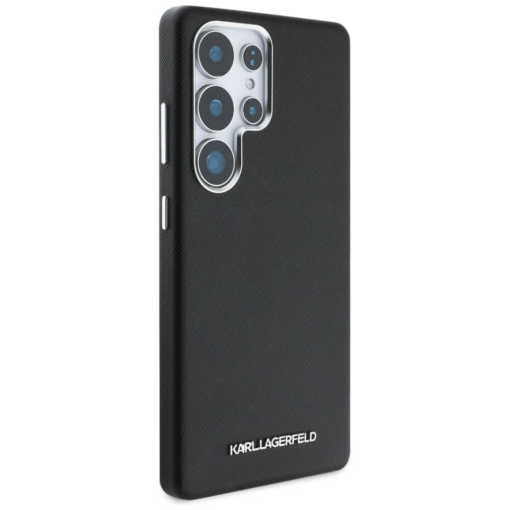 Karl Lagerfeld Samsung Galaxy S25 Ultra - Saffiano Full Wrapped Elongated Metal Logo - MagSafe Σκληρή Θήκη με Επένδυση Συνθετικού Δέρματος και Πλαίσιο Σιλικόνης - Black - KLHMS25LPSAFWMCK