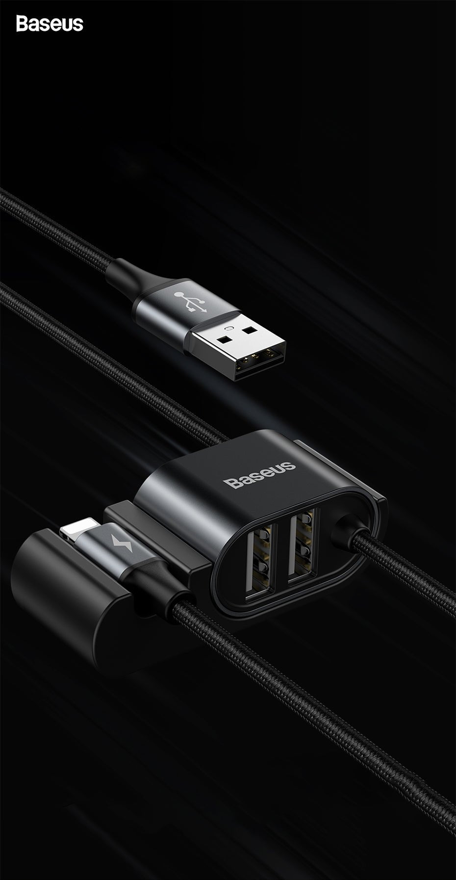 Baseus Special Data Cable for Backseat με 2xUSB Hub με Ενσωματωμένο Καλώδιο Lightning - Black - CALHZ - 01
