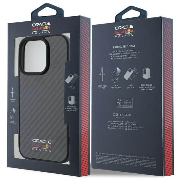 Red Bull iPhone 16 Pro - Carbon Fiber Shiny Logo - MagSafe Σκληρή Θήκη με Πλαίσιο Σιλικόνης - Black - RBHMP16L24CFILSK