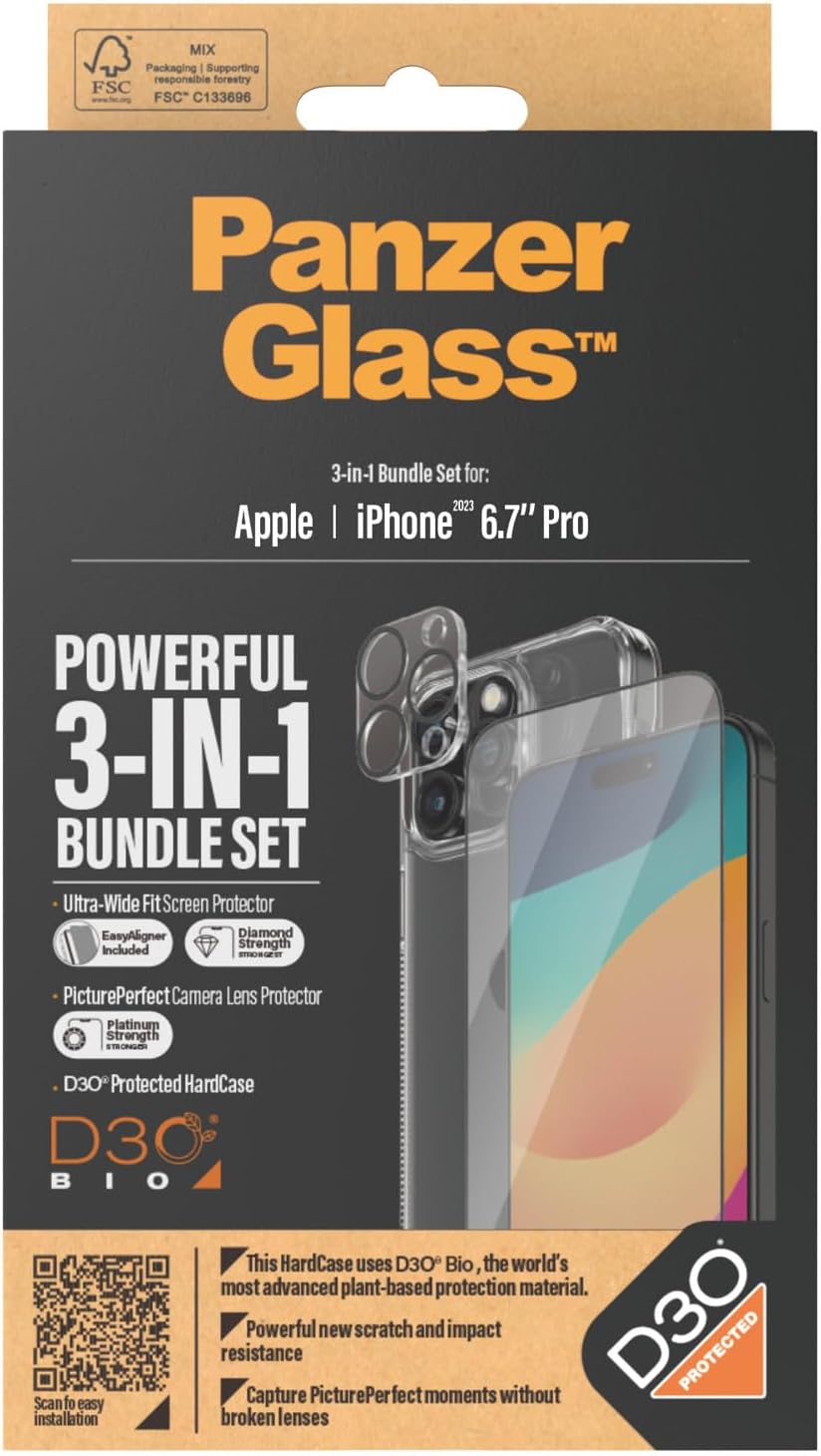 PanzerGlass iPhone 15 Pro Max - Σετ με 1 Αντιχαρακτικό Γυαλί Οθόνης Ultra - Wide Fit, 1 Αντιχαρακτικό Γυαλί για την Κάμερα και 1 Σκληρή Θήκη - Διάφανο