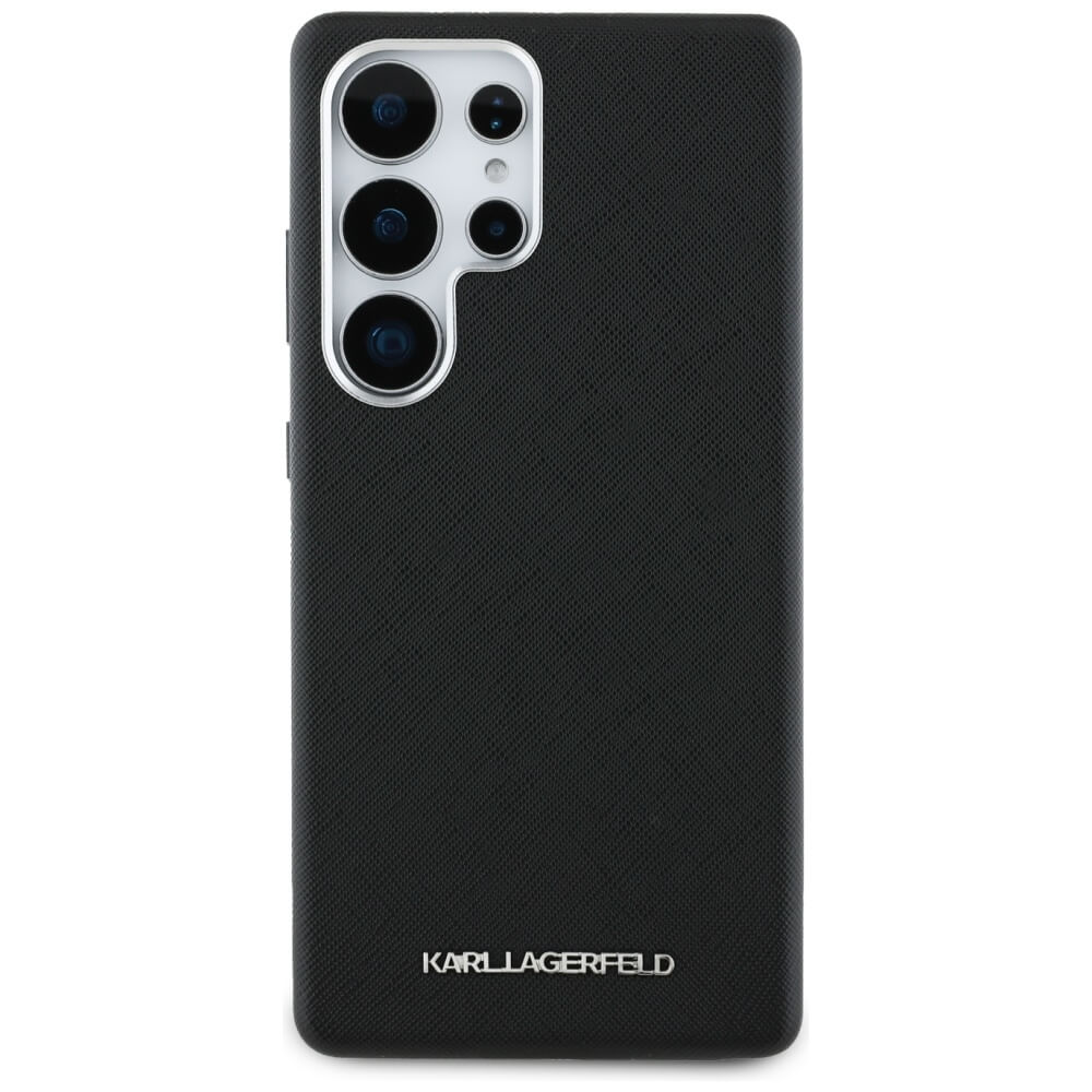 Karl Lagerfeld Samsung Galaxy S25 Ultra - Saffiano Full Wrapped Elongated Metal Logo - MagSafe Σκληρή Θήκη με Επένδυση Συνθετικού Δέρματος και Πλαίσιο Σιλικόνης - Black - KLHMS25LPSAFWMCK