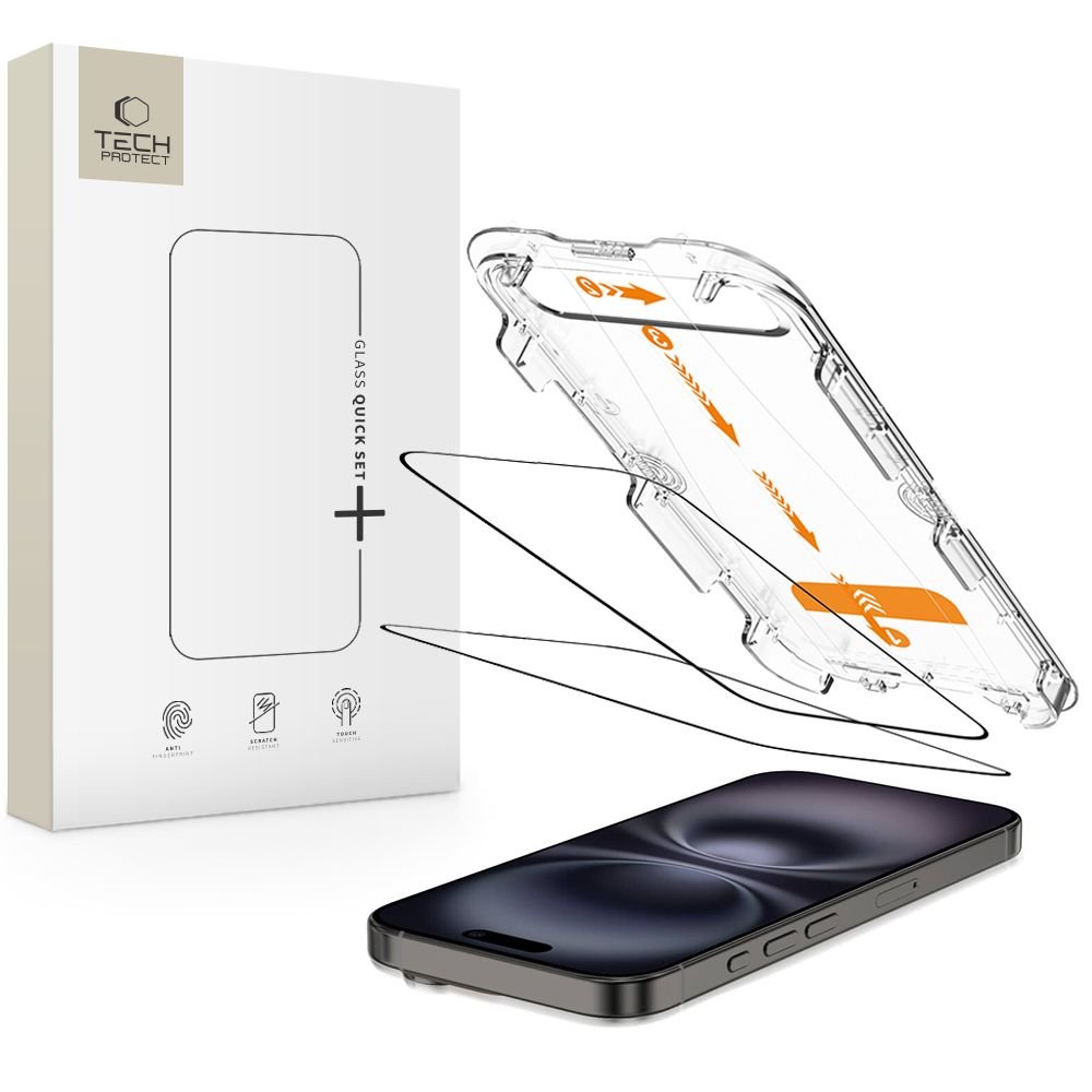 Tech - Protect iPhone 15 / iPhone 16 - Quick Set+ - Σετ με 2 Full Screen Αντιχαρακτικά Γυαλιά Οθόνης και Οδηγό Τοποθέτησης - Black