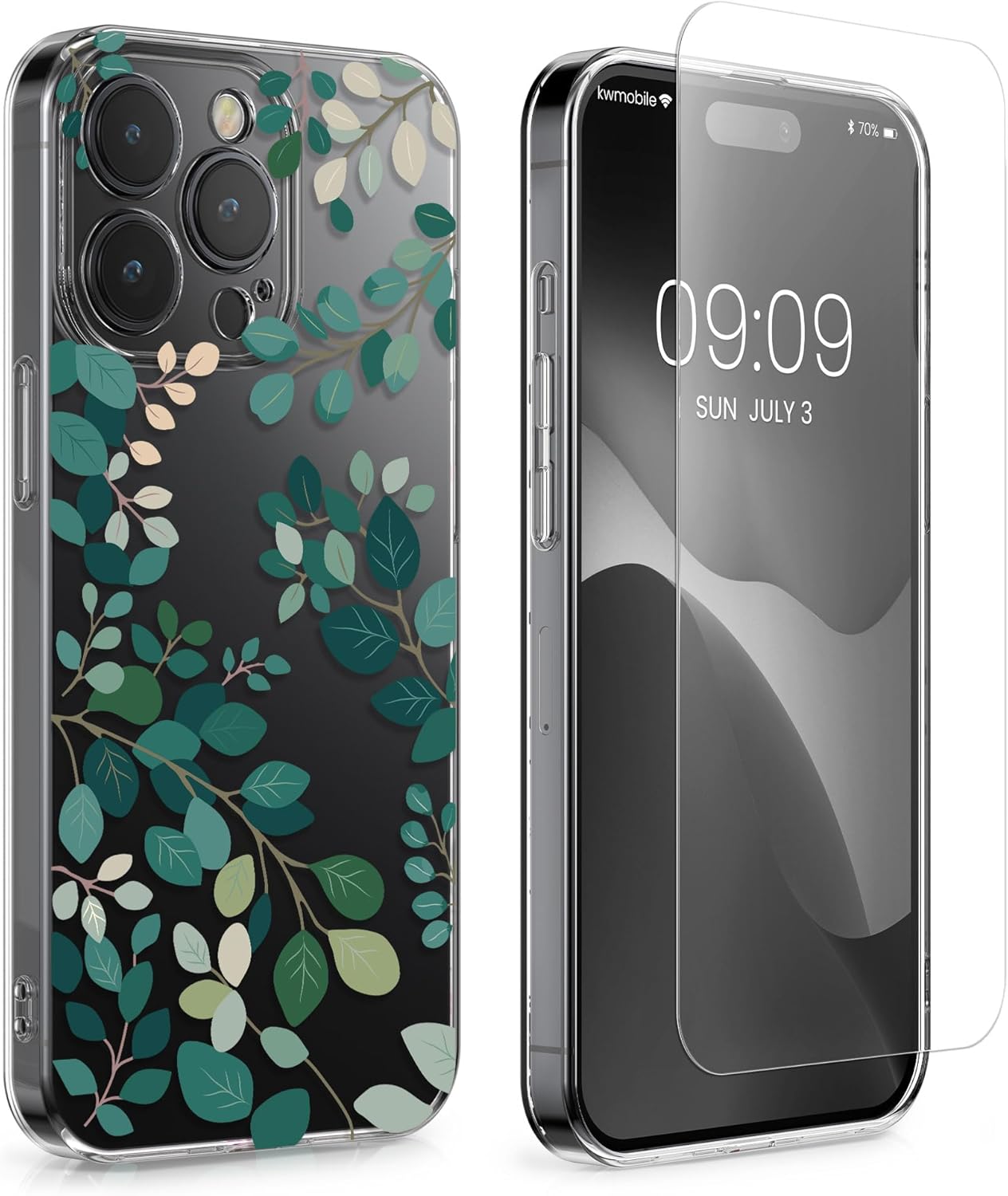 KW iPhone 15 Pro Max Θήκη Σιλικόνης TPU με Αντιχαρακτικό Γυαλί - Design Spring Leaves - Green / Διάφανη