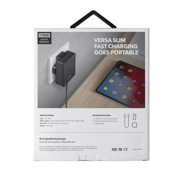 Uniq Versa Slim PD 18W Οικιακός Φορτιστής Γρήγορης Φόρτισης με 1 Θύρα Type - C και Καλώδιο Type - C to Type - C - Charcoal Black