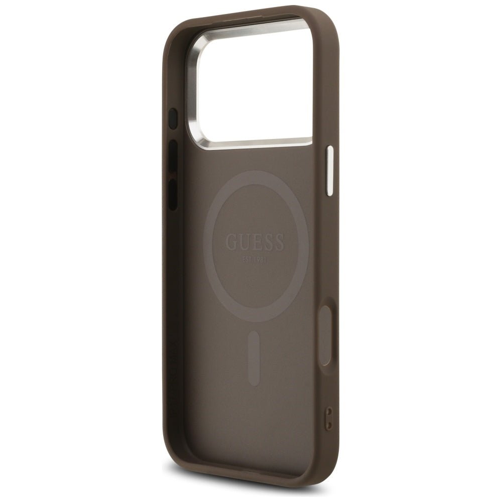 Guess iPhone 17 Pro Max - 4G Triangle Logo MagSafe - Σκληρή Θήκη με Πλαίσιο Σιλικόνης και Επένδυση Συνθετικού Δέρματος - Brown / Silver - GUHMP17XP4TSRCMW