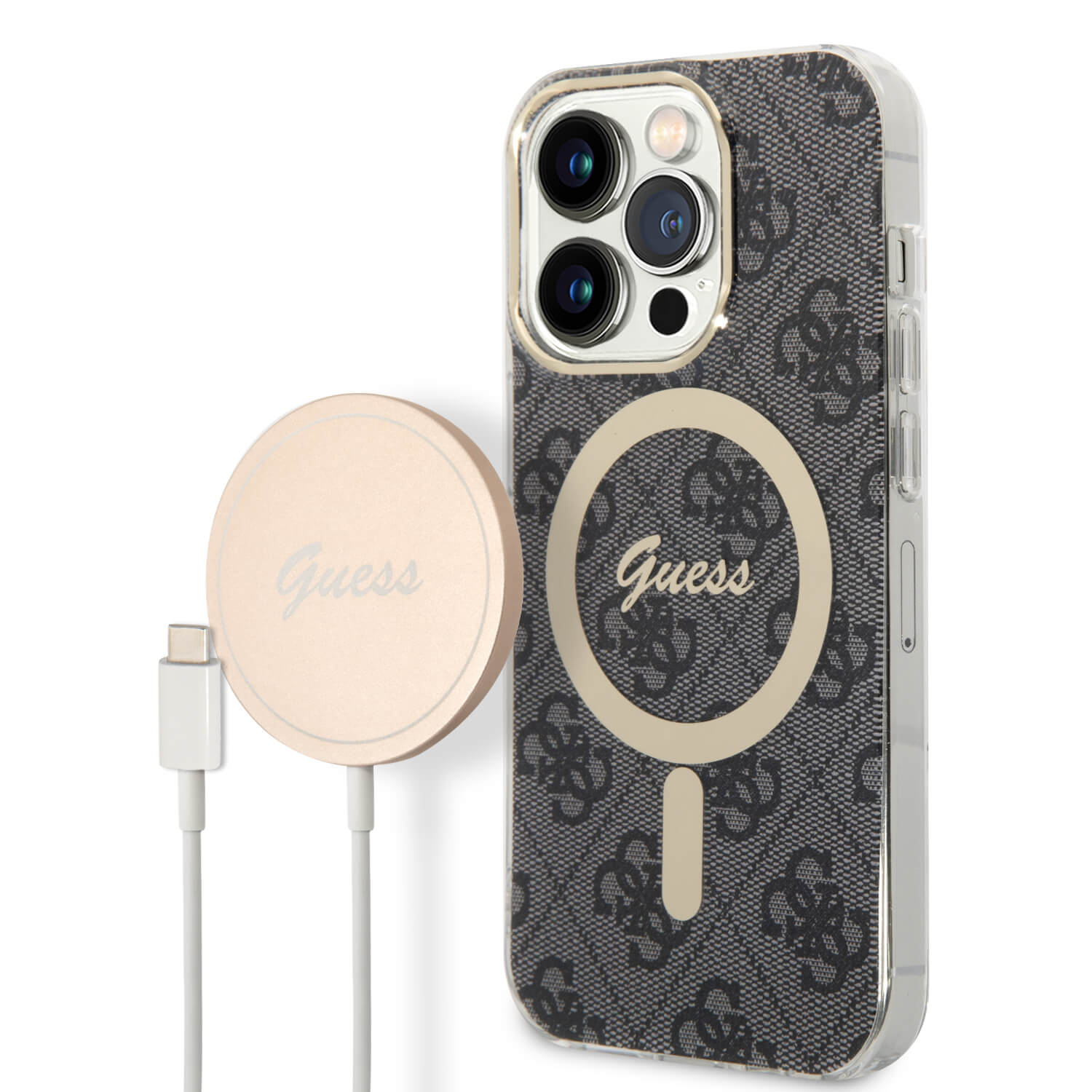 Guess iPhone 14 Pro Max - Bundle Pack MagSafe - Σετ Σκληρή Θήκη με Πλαίσιο Σιλικόνης και Ασύρματος Φορτιστής MagSafe - Design 4G and Gold - Black - GUBPP14XH4EACSK