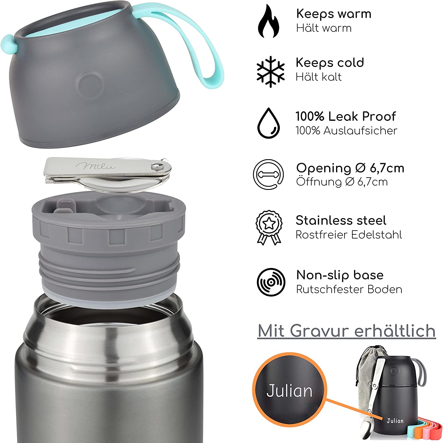 Milu Θερμός Φαγητού από Ανοξείδωτο Ατσάλι με Καπάκι - Μπολ και Κουτάλι - 650ml - Grey - 6284