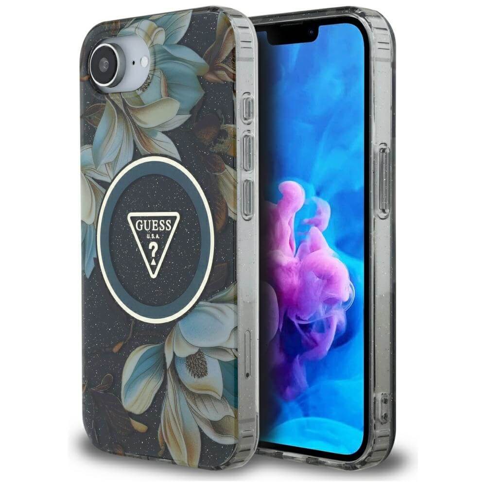 Guess iPhone 16e - IML Metal Glitter Flowers Triangle MagSafe - Σκληρή Θήκη με Πλαίσιο Σιλικόνης και MagSafe - Black - GUHMPSE4HFLPEDK