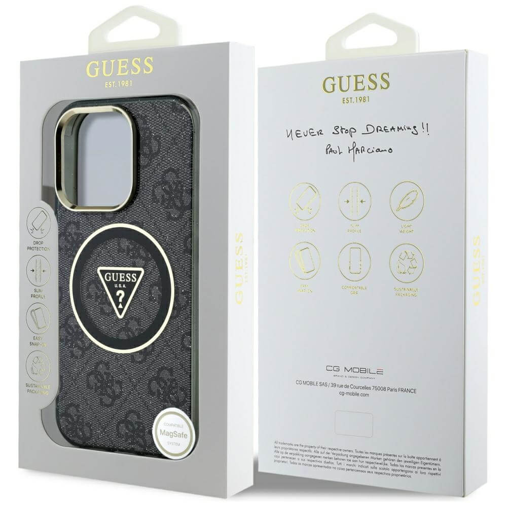 Guess iPhone 16 Pro - IML Metal Glitter 4G Circle Triangle MagSafe - Σκληρή Θήκη με Πλαίσιο Σιλικόνης και MagSafe - Black - GUHMP16LHG4PRTGK
