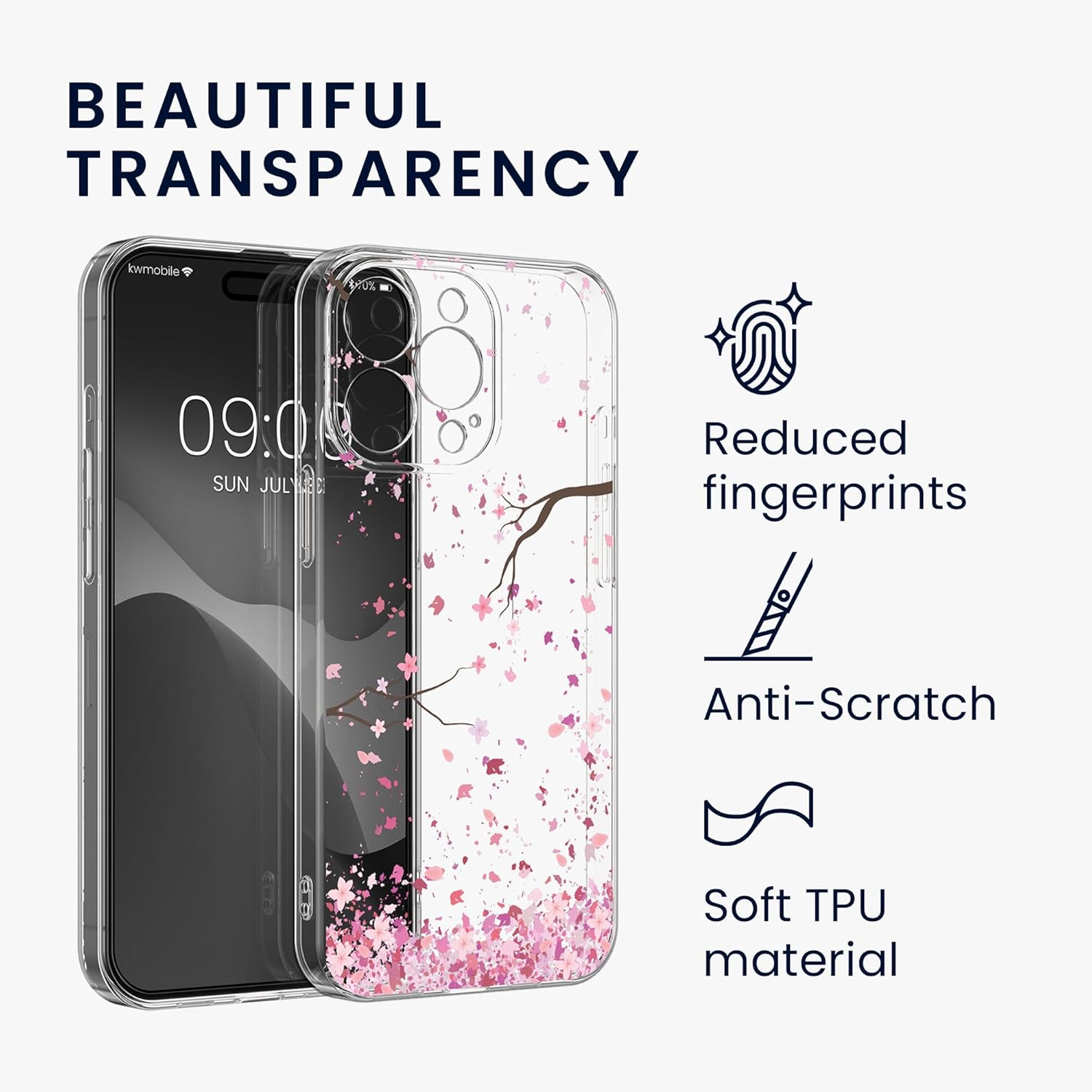 KW iPhone 15 Pro Max Θήκη Σιλικόνης TPU με Αντιχαρακτικό Γυαλί - Design Cherry Blossom Petals - Pink Dark / Brown / Διάφανη
