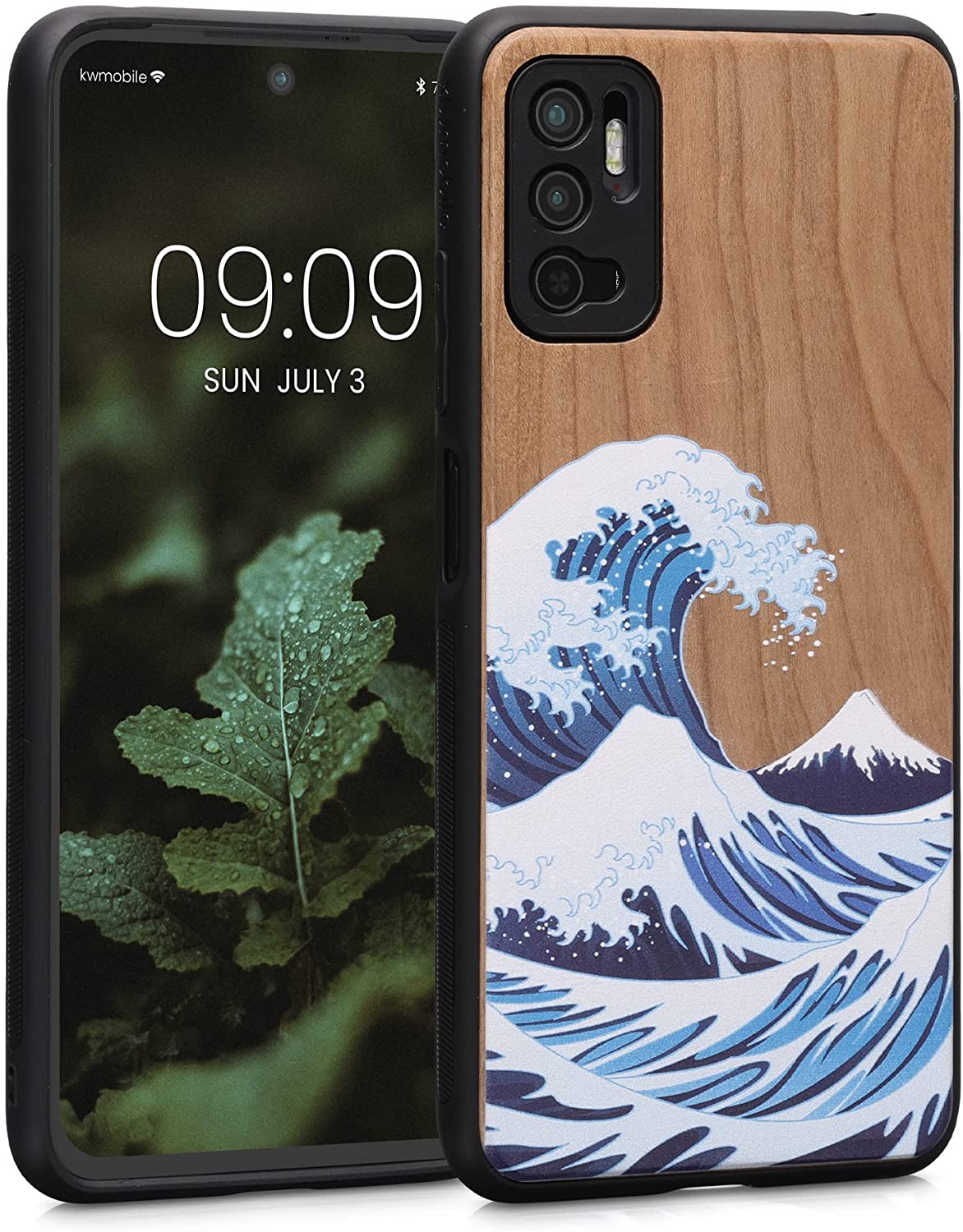 KW Xiaomi Redmi Note 10 5G Θήκη από Φυσικό Ξύλο - Design The Great Wave - Blue / White / Brown - 56792.04