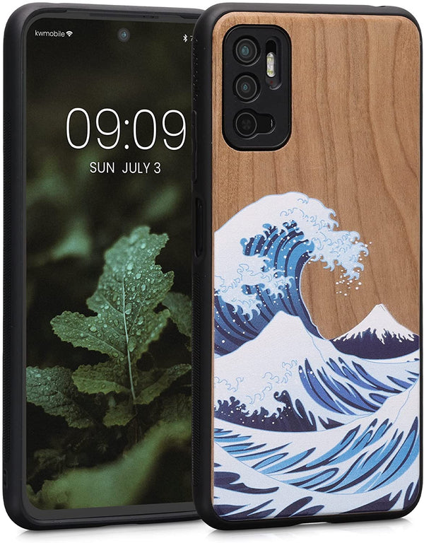 KW Xiaomi Redmi Note 10 5G Θήκη από Φυσικό Ξύλο - Design The Great Wave - Blue / White / Brown - 56792.04