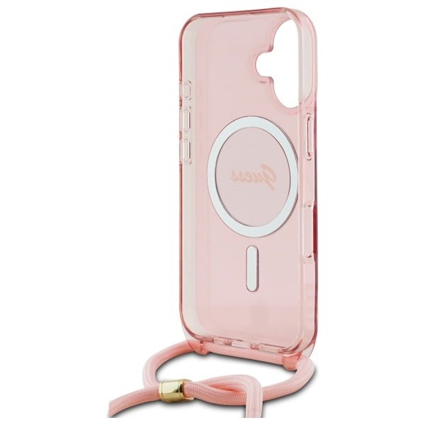 Guess iPhone 16 - Crossbody Cord Script MagSafe - Σκληρή Θήκη με Πλαίσιο Σιλικόνης και Λουράκι - Pink - GUHMP16SHCTSGNSP