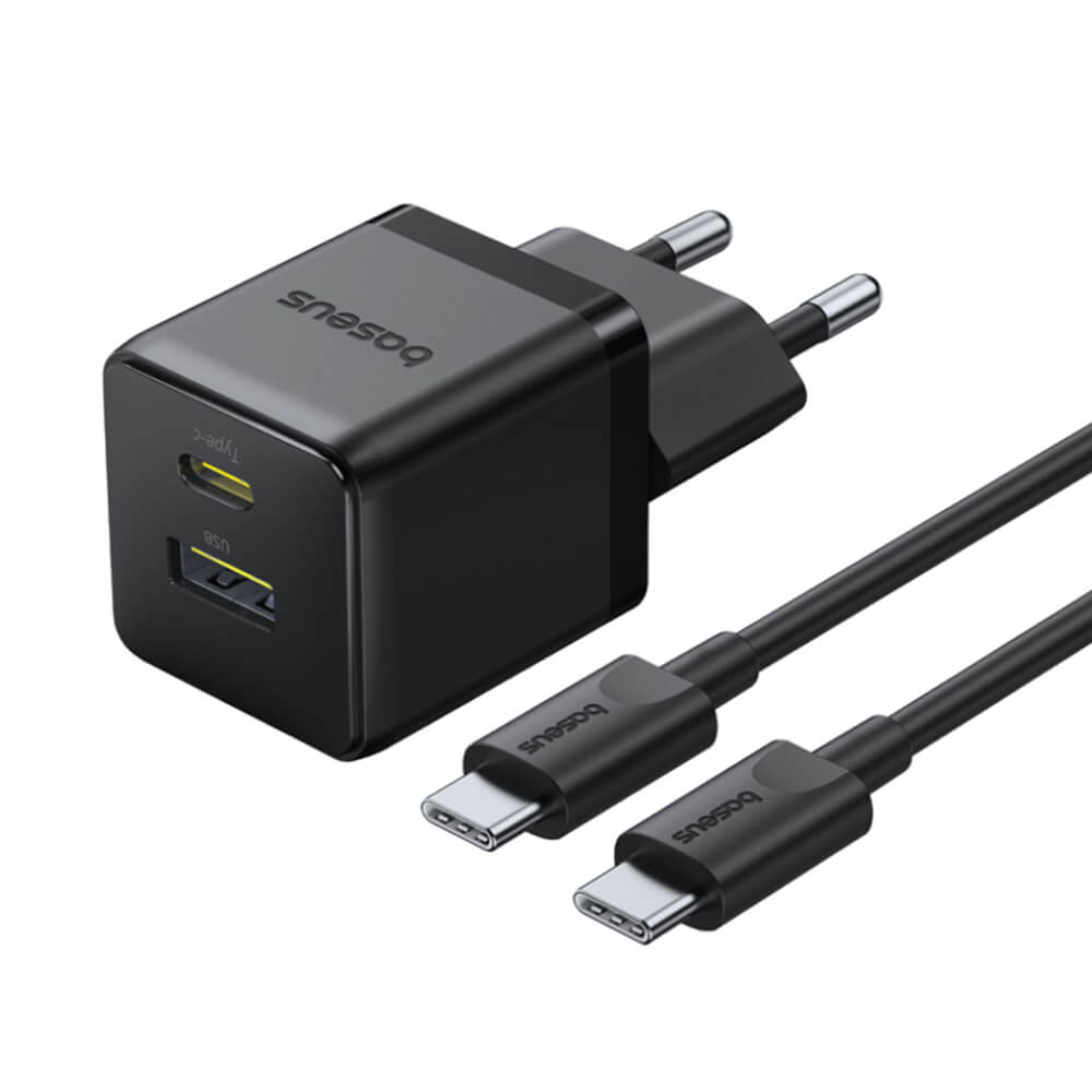 Baseus Palm Οικιακός Φορτιστής Γρήγορης Φόρτισης 30W με 1 Θύρα Type - C και 1 Θύρα USB και Καλώδιο Type - C to Type - C - Cluster Black