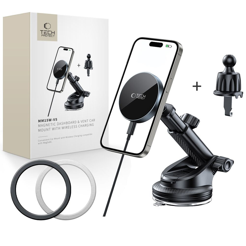 Tech - Protect MM15W - V5 Μαγνητική Βάση για το Ταμπλό και τον Αεραγωγό του Αυτοκινήτου με Ασύρματη Φόρτιση MagSafe 15W - Black
